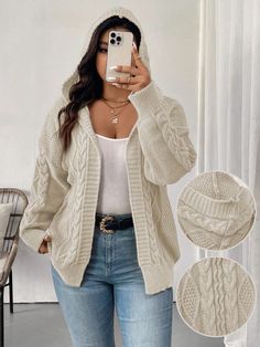 Plus Size Casual Solid Color Hooded Cardigan For Autumn/Winter White Casual  Long Sleeve Fabric Plain  Slight Stretch  Women Plus Clothing, size features are:Bust: ,Length: ,Sleeve Length: Clothes For Women Ideas, Cute Outfits For Women, Outfit Minimalista, Jogging Suits, Long Cardigans, Winter Fit, Easy Winter Outfit, Trendy Fall Outfits, Cute Fall Outfits