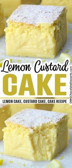 lemon custard cake on a white plate with the words lemon custard cake above it