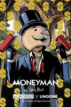 the poster for money man by steve buss shows a cartoon character holding two red blocks