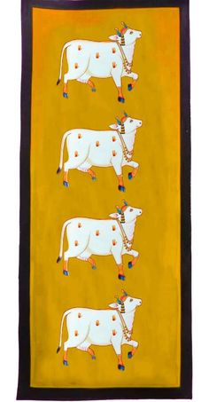 three white cows are depicted on an orange and yellow background with black trimmings