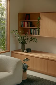 a living room filled with furniture and a plant in a vase next to a window