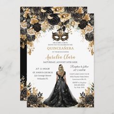 a black and gold masquerade themed quinceauera party card with roses