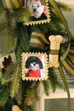 a christmas wreath with pictures of dogs and ribbons hanging from it's front door