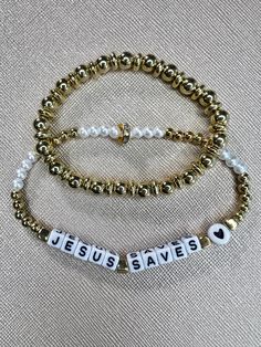 Custom "Jesus Saves" Elastic Bracelet Set 6 inches, but can be customized to your sizing. Christian Bead Bracelet, Gospel Bracelet Beads, Jesus Clay Bead Bracelet, Beaded Bracelets Jesus, Wwjd Christian Bracelets, Jesus Bracelet, Christian Bracelets, Jewelry Accessories Ideas