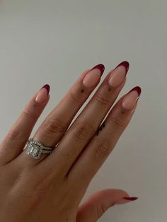 Burgundy Tipped Nails, Burgundy Red Almond Nails, Wine Colored French Tip Nails, Maroon Nail Tips, Burgundy Nail French Tip, Square Oval Red Nails, Burgundy Red French Tip Nails, French Maroon Nails, Ted French Tips Nails