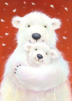 two white polar bears standing next to each other in front of red background with snow flakes