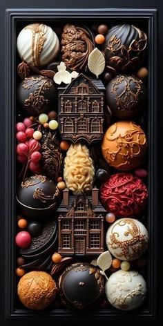 chocolates are arranged in the shape of a house and surrounding other items, including an egg shell