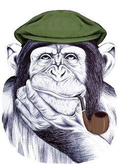 a monkey with a hat and pipe in his hand, wearing a green beret