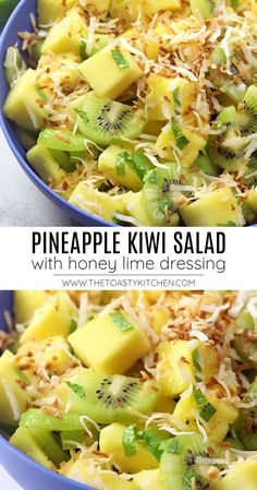 pineapple kiwi salad with honey lime dressing in a blue bowl and topped with shredded parmesan cheese