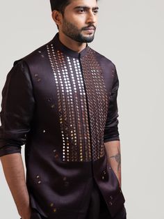 PAMN2111-3 Mirror Work Mens Jacket, Embroidered Silk Bandhgala For Party, Silk Bandhgala With Zari Work For Party, Traditional Silk Bandhgala For Party, Festive Silk Nehru Jacket For Party, Long Sleeve Bandhgala For Parties And Festivals, Transitional Long Sleeve Nehru Jacket For Party, Transitional Bandhgala With Mirror Work For Party, Transitional Party Bandhgala With Mirror Work