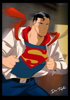 the animated superman character is posing with his red cape