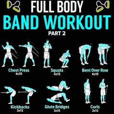 the full body band workout part 2 is shown in blue and white, with instructions on how