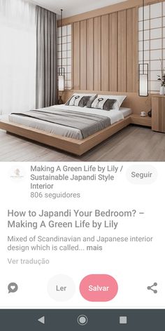 a bed room with a neatly made bed and wooden headboard on top of it