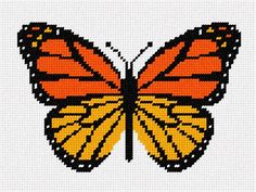 a cross stitch butterfly with orange and black wings