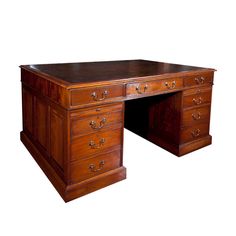 an old wooden desk with drawers on the top and bottom drawer, in front of a white background