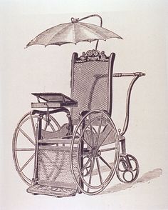 an old drawing of a wheel chair with an umbrella over it's seat and wheels