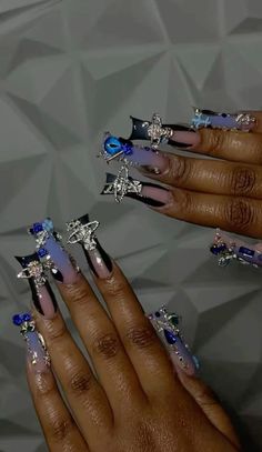 Blue Long Nails Design, Exotic Nails Instagram, Blue Junk Nails, Junk Nails Designs, Acrylic Nails Designs Unique, Blue Freestyle Nails, Dramatic Nails Acrylic, Dramatic Nails Designs, Long Bling Nails