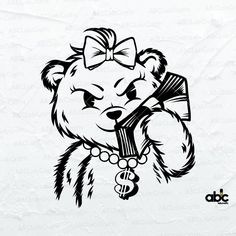 a black and white drawing of a bear with a bow on it's head