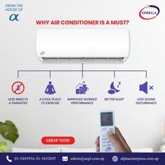 a person holding a remote control in front of a wall mounted air conditioner that says why air conditioners are must?