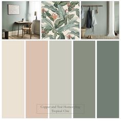 the color scheme is in shades of green, beige and grey with tropical leaves on it