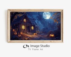 a painting of a house with pumpkins on the ground and full moon in the background