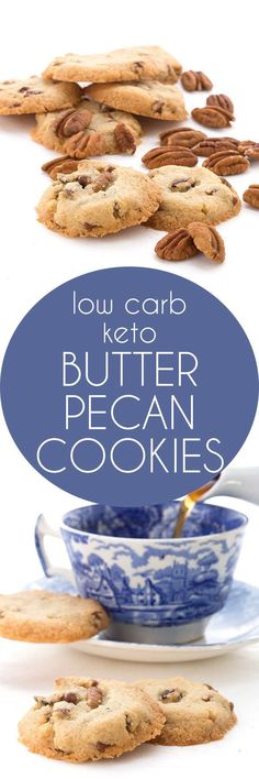 low carb keto butter pecan cookies in a blue and white bowl on a plate