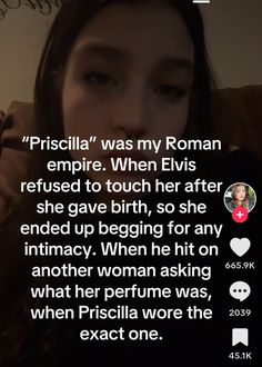 a woman is talking on her cell phone with the caption'priscalia was my roman empire when elviss refuse to touch her after she gave birth, so she ended up being for any