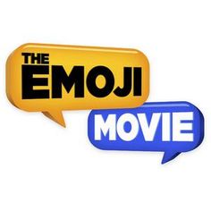 the emoj movie logo is shown in blue and yellow with an empty speech bubble