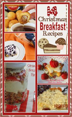 a collage of christmas breakfast recipes including strawberries, cookies and muffins