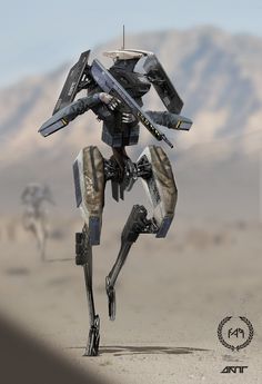 a sci - fi robot running in the desert