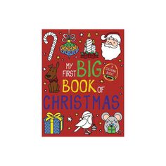 the first book of christmas with santa and other holiday related items on red paper,