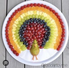 a white plate topped with fruit and a turkey made out of grapes, oranges, raspberries