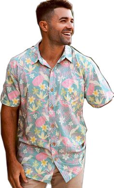 Casual Fitted Short Sleeve Shirt For Vacation, Fitted Casual Short Sleeve Shirt For Vacation, Fitted Printed Camp Shirt For Vacation, Fitted Tropical Short Sleeve Shirt, Fitted Hawaiian Shirt With Tropical Print, Relaxed Fit Tropical Beach Season Shirt, Relaxed Fit Tropical Shirt For Beach Season, Fitted Casual Camp Shirt For Vacation, Relaxed Fit Hawaiian Short Sleeve Shirt With Tropical Print