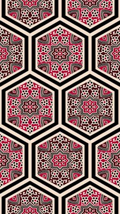 an abstract pattern with red and black hexagonals on the bottom half of it