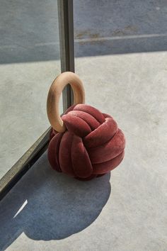 a stuffed animal with a wooden ring on it's back sitting in front of a window