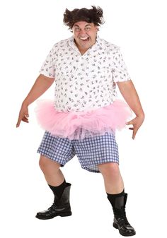 a man in shorts and a shirt with a pink tutu is posing for the camera