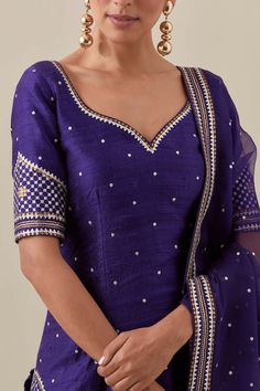 Violet kurta with aari, sequin, zari embroidery. Paired with blue gharara and  violet dupatta. - Aza Fashions Blue Gharara, Handwork Dress, Chudidhar Designs, Raw Silk Embroidery, Neck Patterns, Indian Outfits Lehenga, Anarkali Dress Pattern, Zari Embroidery, Gotta Patti