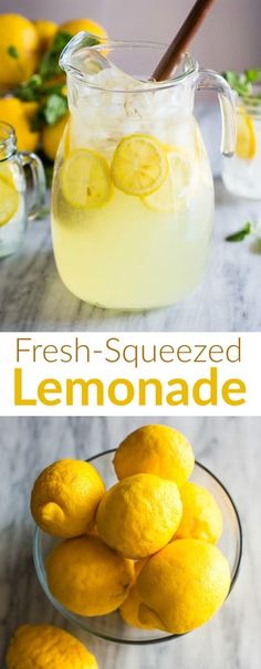 fresh squeezed lemonade in a glass pitcher and on a plate with sliced lemons