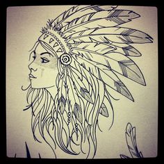 a drawing of a woman with feathers on her head and an arrow in her hair