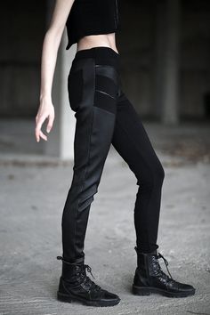 Edgy Stretch Leather Pants For Streetwear, Fitted Alternative Style Bottoms For Club, Black Cyberpunk Fitted Bottoms, Fitted Black Cyberpunk Bottoms, Alternative Style Fitted Leggings For Night Out, Fitted Alternative Leggings For Night Out, Fitted Alternative Style Leggings For Night Out, Fitted Alternative Style Leather Pants, Fitted Gothic Leather Pants For Streetwear