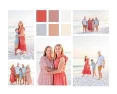 a collage of family photos on the beach with their parents and grandparents in red