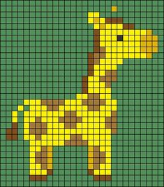 a cross stitch pattern of a giraffe in yellow and brown, on a green background