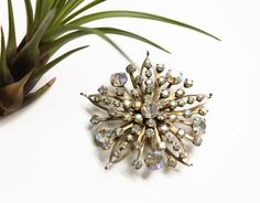 Vintage Rhinestone Starburst Brooch. This lovely brooch features large and small round aurora borealis glass stones, all prong set. Gold tone metal. Circa 1950's Unmarked Measurements- 2 1/2 inches Great condition! Vintage Rhinestone, Aurora Borealis, Gold Tone Metal, Vintage Brooches, Prong Setting, Locket, Antique Jewelry, Vintage Shops, Brooches