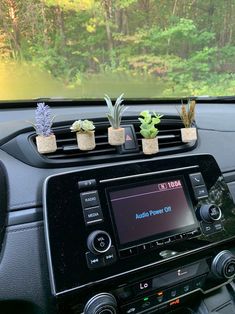 the dashboard of a car with plants in pots on it's dash board and radio