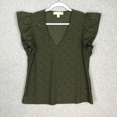 Michael Kors Shirt Womens Medium Green Blouse Ruffle Floral Boho Cottage Fairy Eyelet Embroidered Short Sleeve Cap Olive Army Knit Stretch $88 Msrp New Without Tag Sku 4736 **Please See All Pictures For Full Item Condition, Details, And Approximate Measurements** - Ships Same/Next Day, Professional Seller, Offers Welcome, Like Or Watch For Price Drops - Item In Photos Is Exact Item You Will Receive - I List New Items Daily, Be Sure To Browse My Store/Closet For More Items - Bundle Pricing And Co Green Butterfly Sleeve Tops For Spring, Green Cotton Ruffle Sleeve Blouse, Green Cotton Blouse With Ruffle Sleeves, Michael Kors Cotton Tops For Spring, Cottage Fairy, Boho Cottage, Fairy Coloring, Embroidered Shorts, Green Blouse