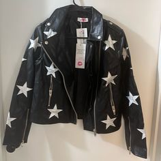 Brand New With Tags Star Leather Jacket. Silver/ Metallic Stars Zippers On Sleeves For Easy Folding Star Leather Jacket, Found Heaven Tour Outfits, Star Themed Outfits, Star Clothes, Star Outfit, November Outfits, Star Jacket, Green Denim Jacket, Bohemian Jackets