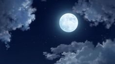 the full moon is shining brightly in the night sky with clouds and stars around it