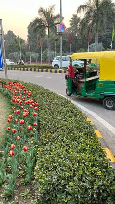 a tuk tuk is driving down the road in front of some red flowers