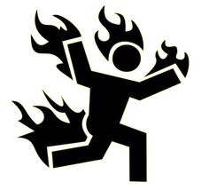 a black and white silhouette of a running man with flames