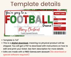 a football ticket is shown with the word merry christmas written in red and green on it